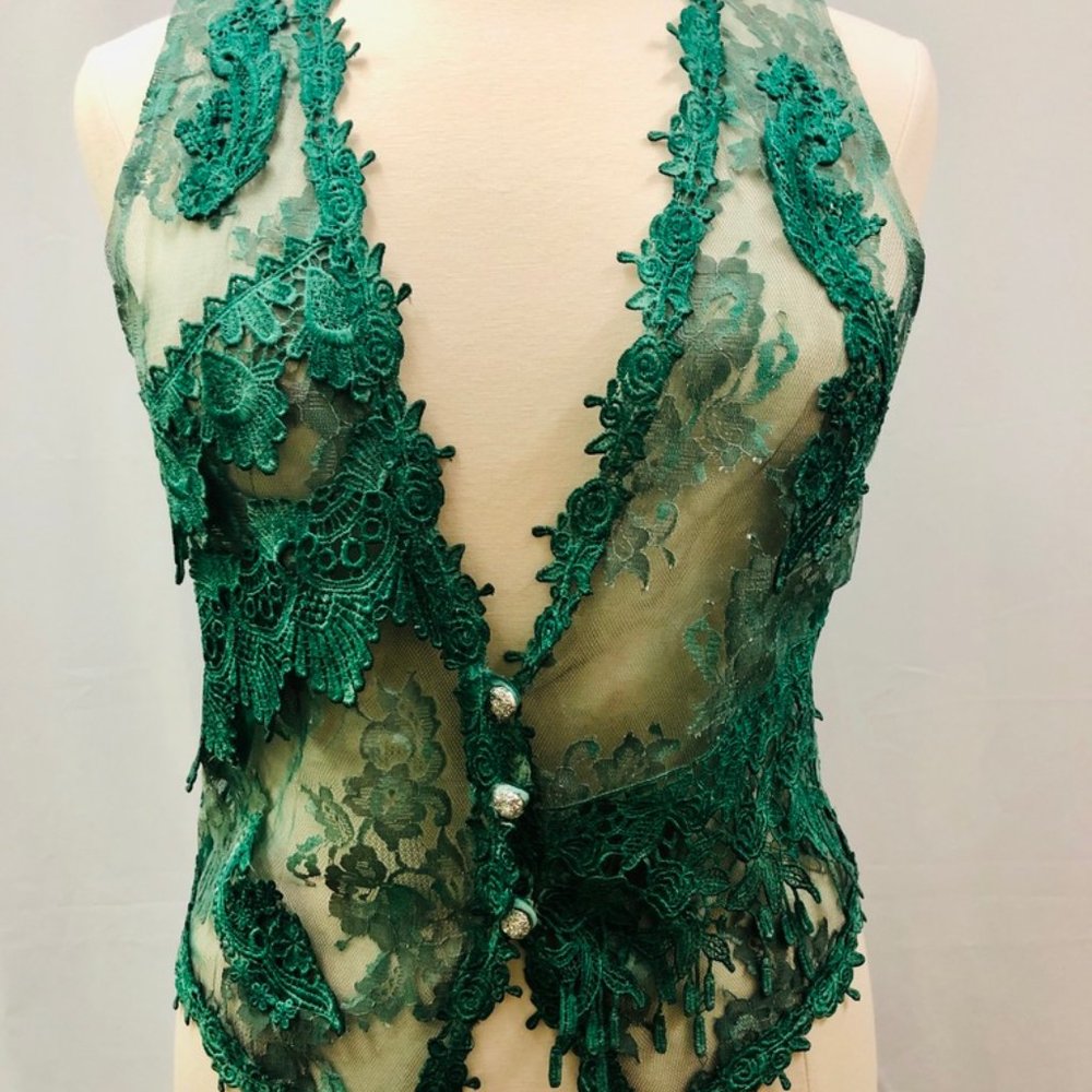 UNIQUE GREEN LACE VEST RHINESTONE BUTTONS - SZ L